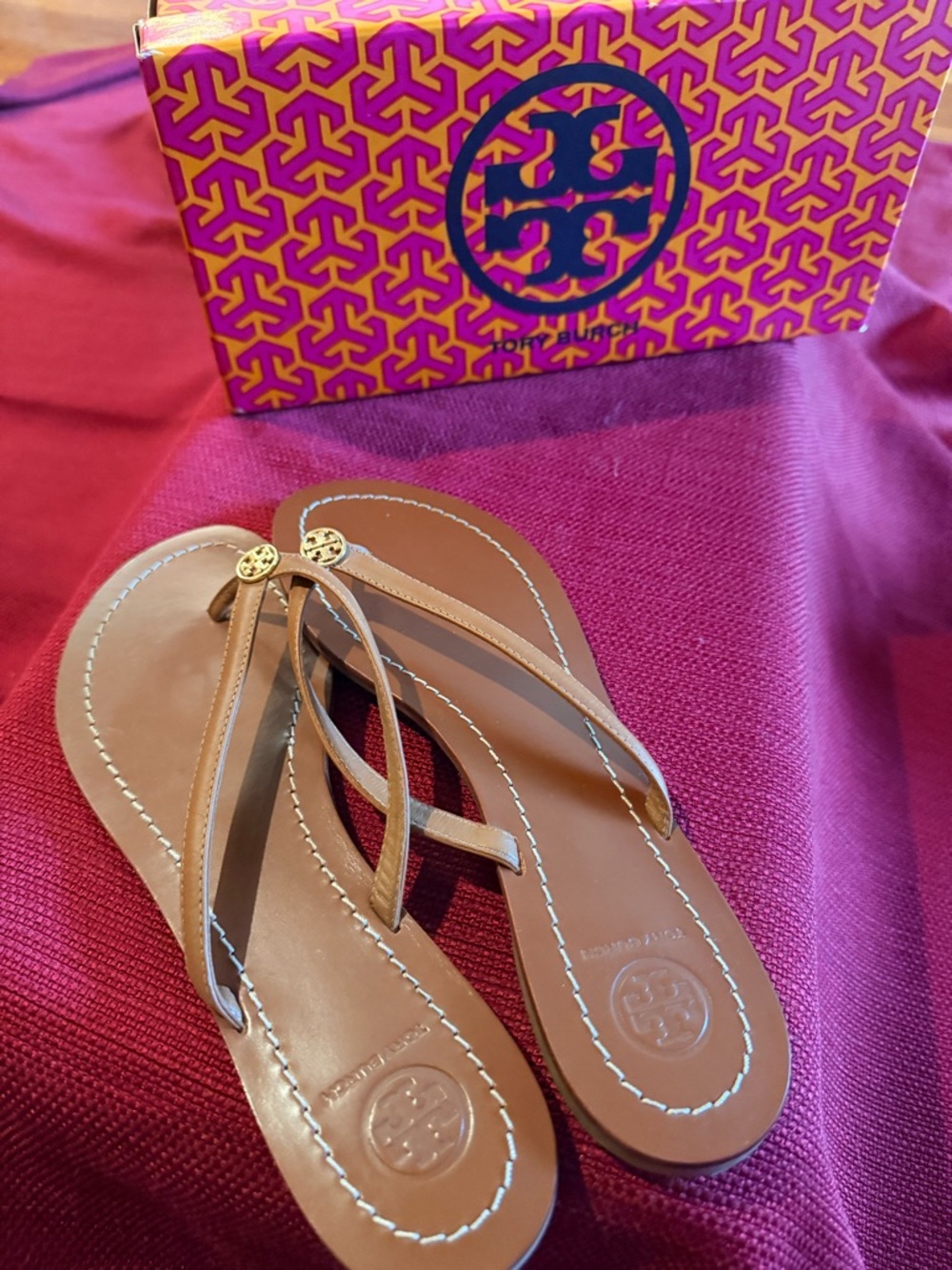 Tory Burch Royal Tan & Gold Terra Thong Veg Leather Sandal Box - Picture 8 of 12